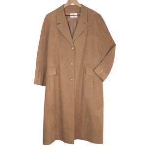 VTG ABE SCHRADER Faux Suede Long Coat Sz M/L Camel Tan Gold Buttons Pockets USA